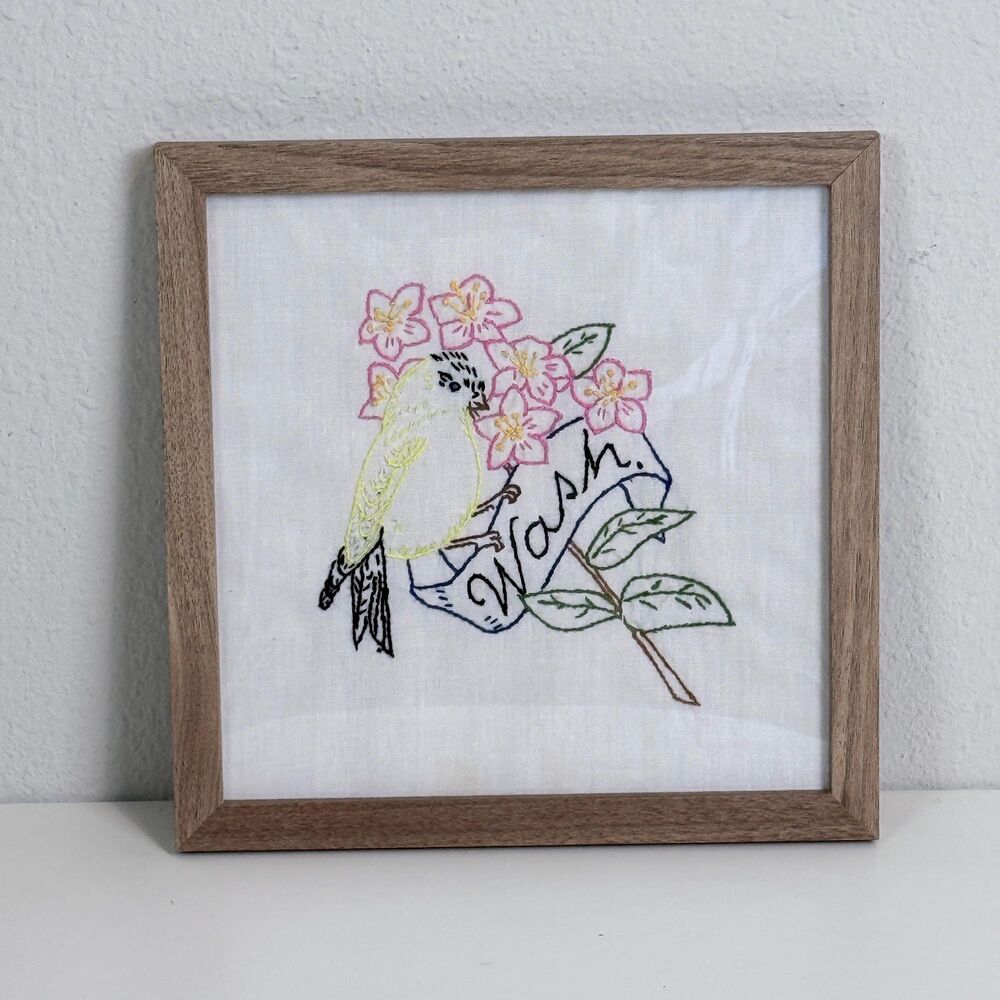 Handmade Vintage Embroidered Washington State Bird & Flower Framed 9x9”